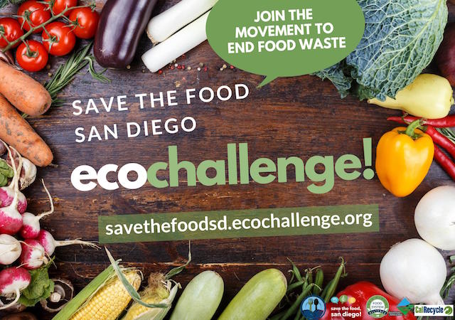 Food on a wood table with Save the Food San Diego logo
