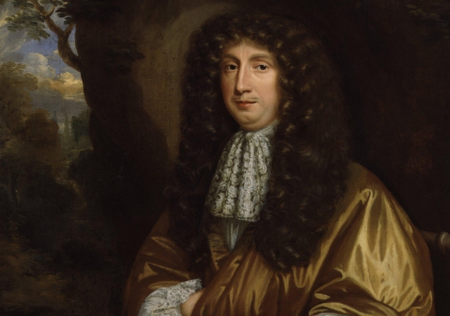 This is a painting of a 17th century man with brown curls.