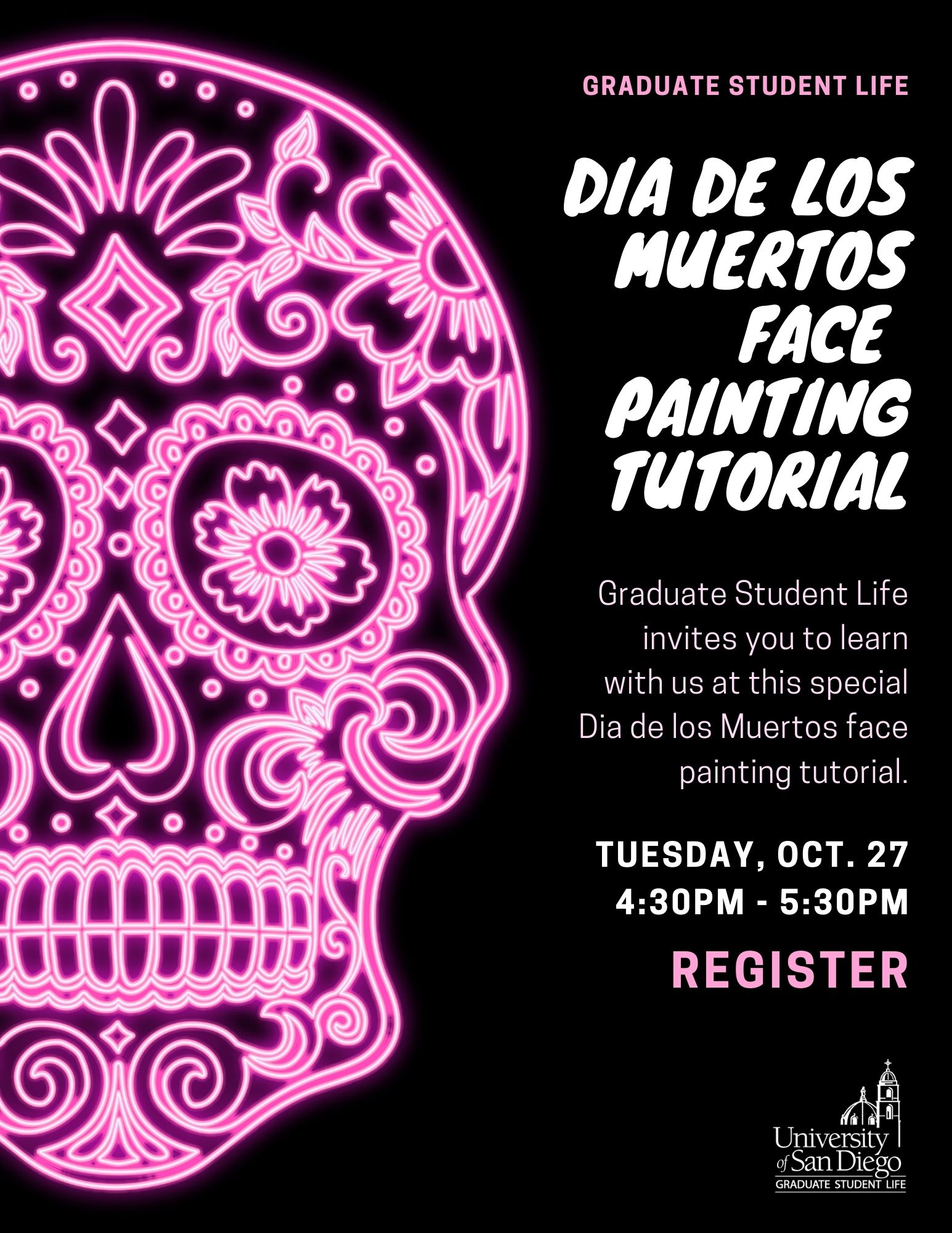 Decorative flyer - bright pink Catrina with black background