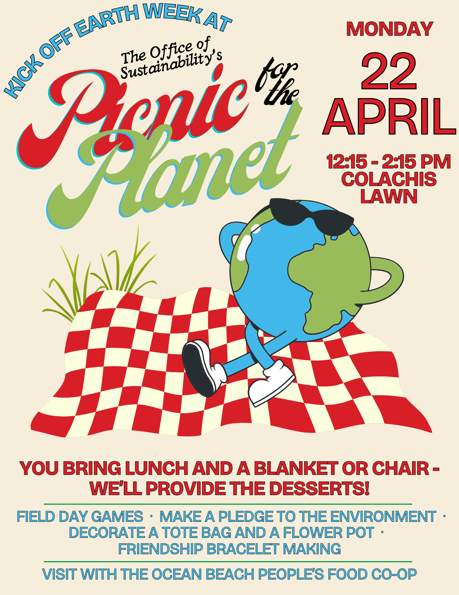 flyer for Picnic for the Planet event. A cartoon Earth wearing sunglasses lies on a picnic blanket with event details surrounding.