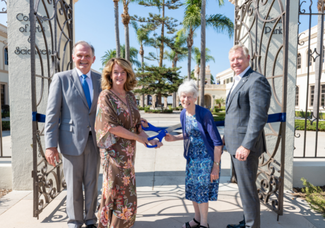 President Jim Harris, Dean of the College of Arts and Sciences Noelle Norton, Sister Virginia Rodee, RSCJ, ’57 (BA), ’74 (MA) and Vice President of Operations Ky Snyder prepare to cut the ribbon for the rededication of the College of Arts and Sciences.