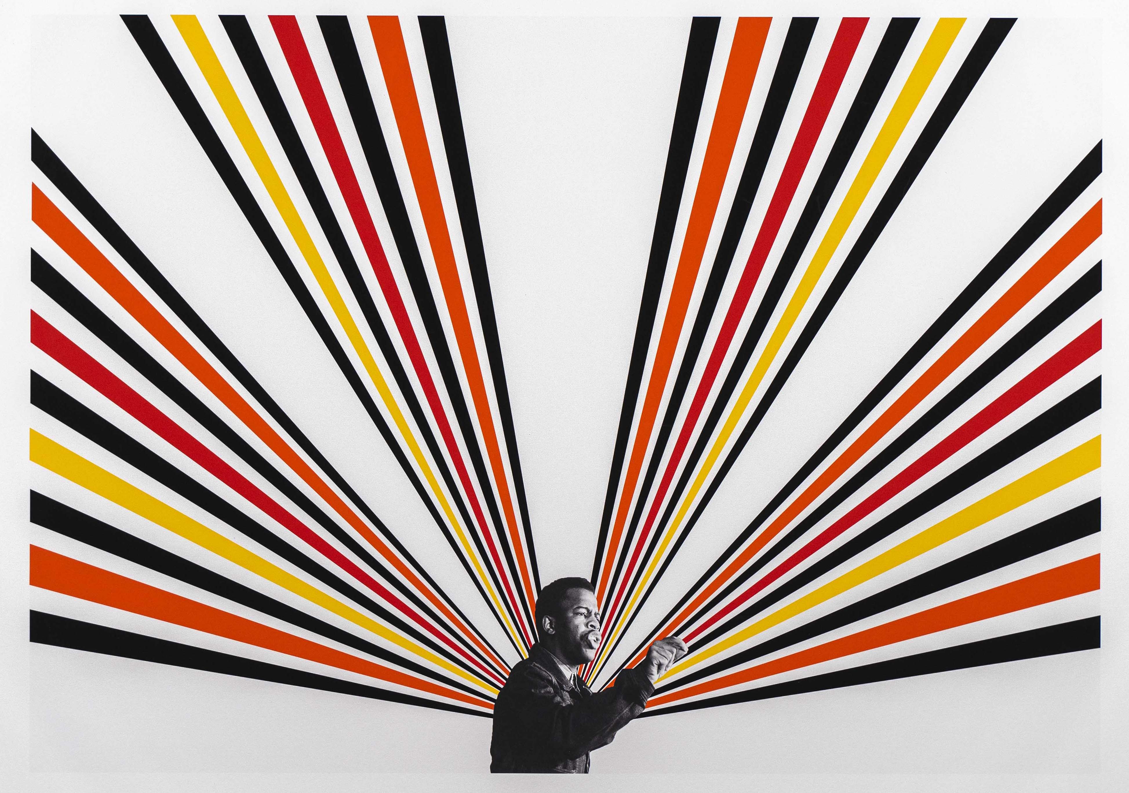 Bright orange, red, and yellow lines radiate from the image of a young John Lewis, speaking with his face in profile.