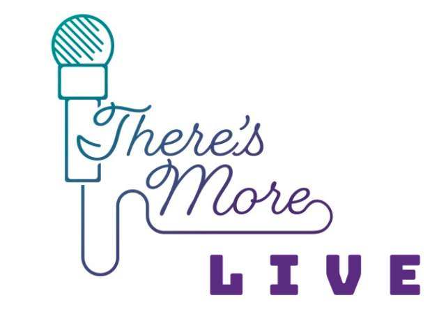 Microphone with text There's More in teal and purple