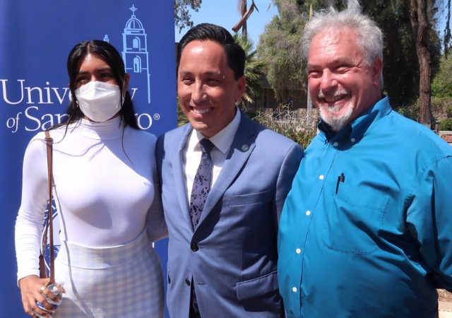 From left to right: USD Student Ashley Gonzalez, City of San Diego Mayor and USD Alumnus Todd Gloria and Director for Care for Our Common Home Pathway Michel Boudrias