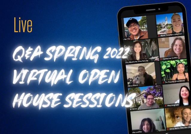 Live Q&A Spring 2022 Virtual Open House Sessions with cell phone with several faces on zoom