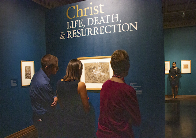 Exhibition attendees viewing artwork in the Hoehn Family Gallery at USD