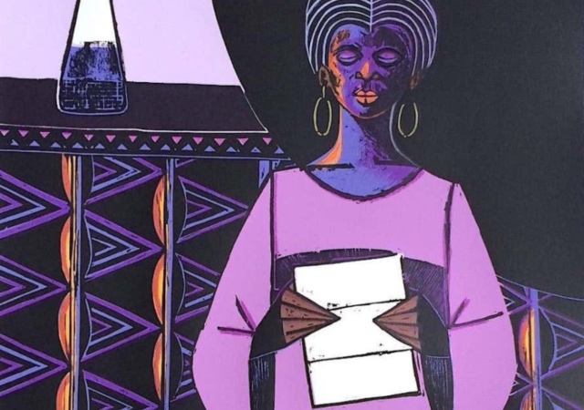 woodcut print of a woman reading a letter, done in purple shades