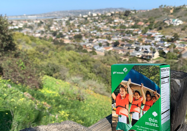 Girl Scout cookies box next to Tecolote Canyon