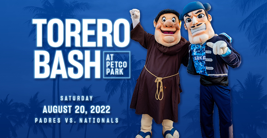 Diego Torero and San Diego Padres Mascot on blue background with palm trees