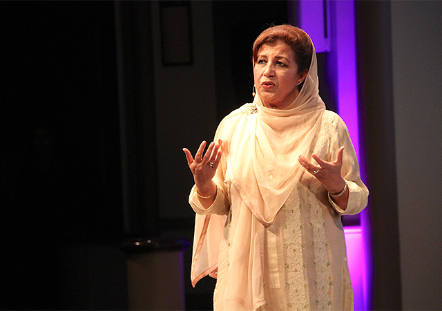 Mossarat Qadeem of Pakistan, shares her powerful story during Tuesday's Women PeaceMakers event in the Kroc IPJ Theatre.