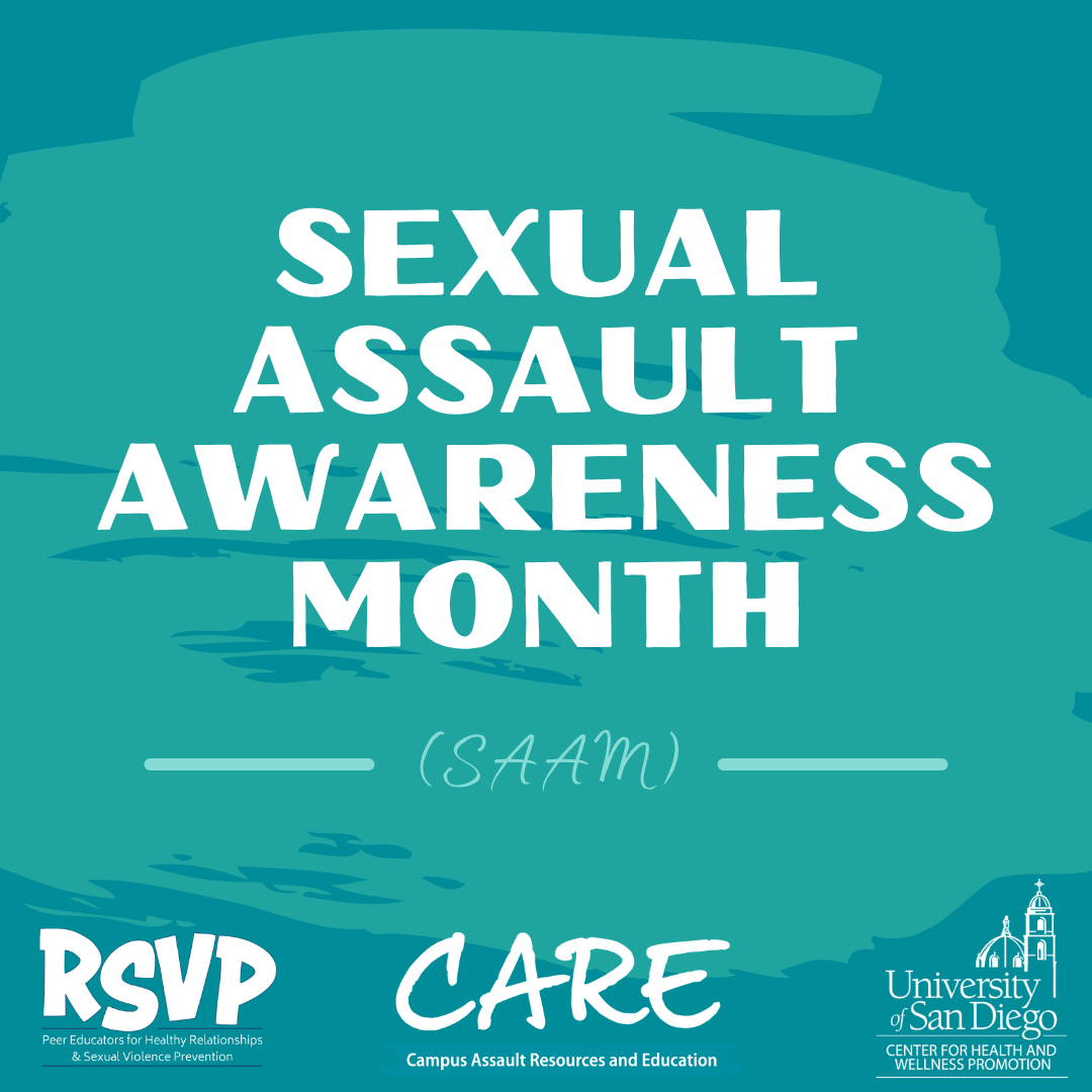 a teal background with the words "Sexual Assault Awareness Month (SAAM) and the RSVP, CARE, and CHWP logo