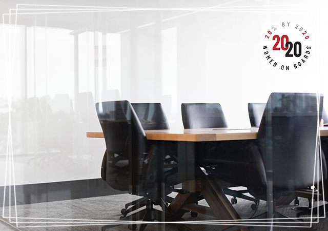 2020 Women on Boards logo on a boardroom backdrop