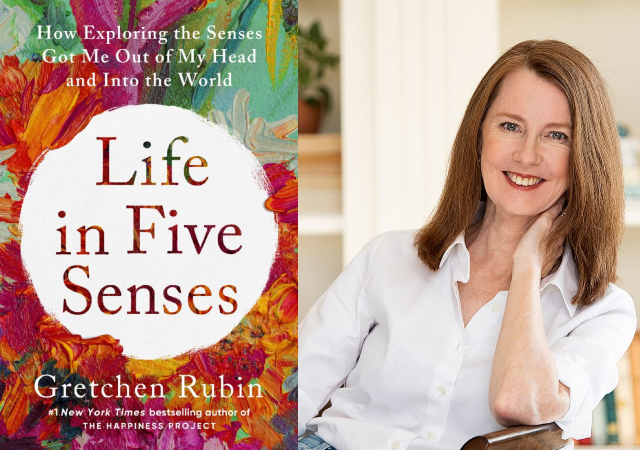 left side is book cover, right side is Gretchen sitting in a white shirt with her hand on her neck.