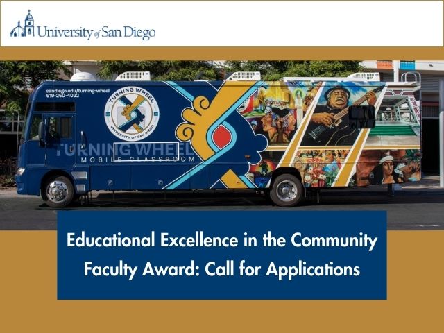 Turning Wheel Mobile Classroom Bus with text that reads "Educational Excellence in the Community Faculty Award: Call for Applications."