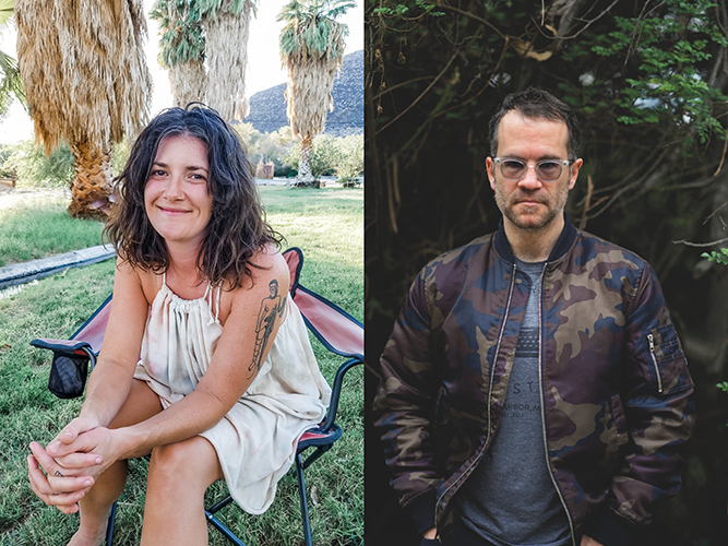 On the left is Claire Vaye Watkins sitting in a lawn chair in front of palm trees. She has long brown hair and is wearing a white dress. On the right is Tom Bissell standing in front of a hedge. He is wearing a camo jacket and sunglasses.