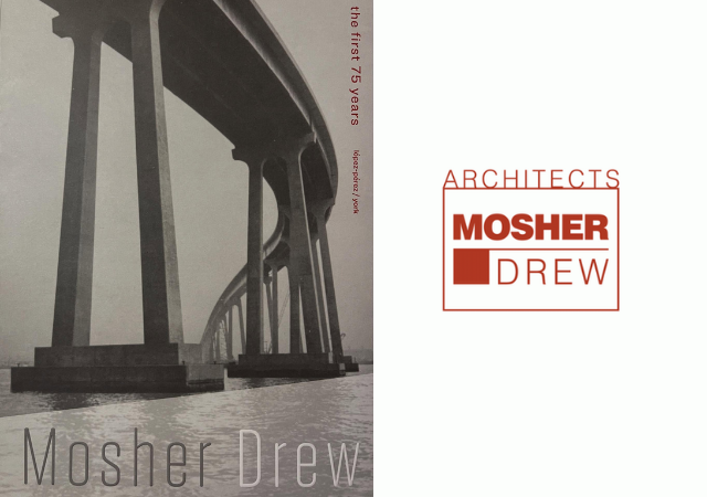 This is an image of the bookcover, an old photo of a curved bridge with the text "the first 75 years" and "Mosher Drew". To the right of this image is a logo with red text reading "Mosher Drew"