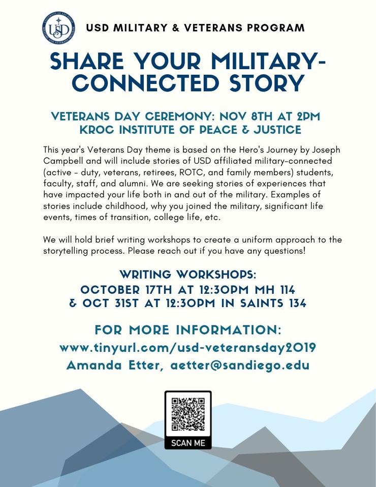 Flyer of the Veterans Day Celebration on Nov 8th, 2019 in KIPJ. We are accepting stories of military-connected students, staff, faculty, and alumni to be featured at our event as part of a gallery.