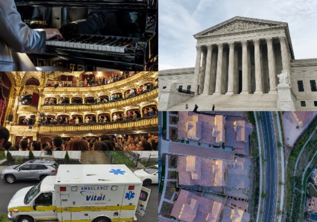 photo collage of a piano, ambulance, supreme court building, a theatre and an apartment complex