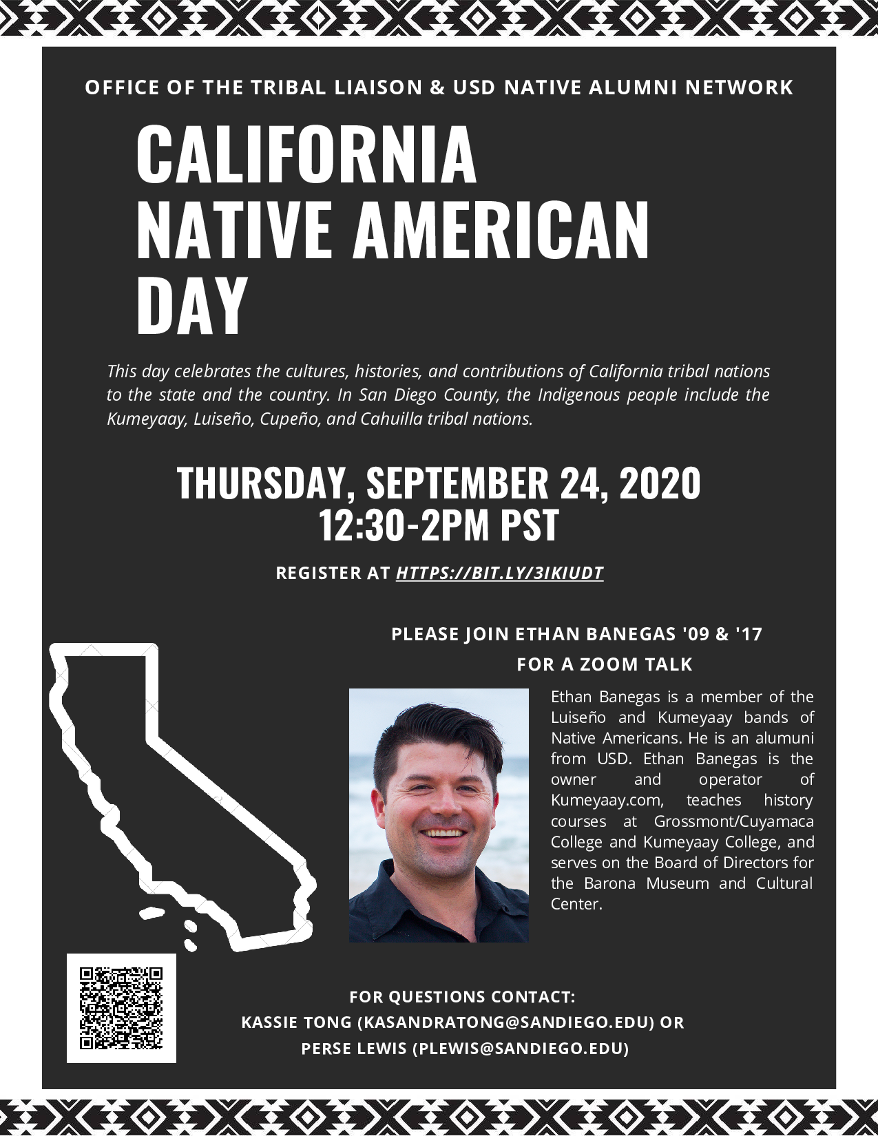 Black and White Flyer with information on the Office of the Tribal Liaison's and USD Native Alumni Network California Native American Day Event
