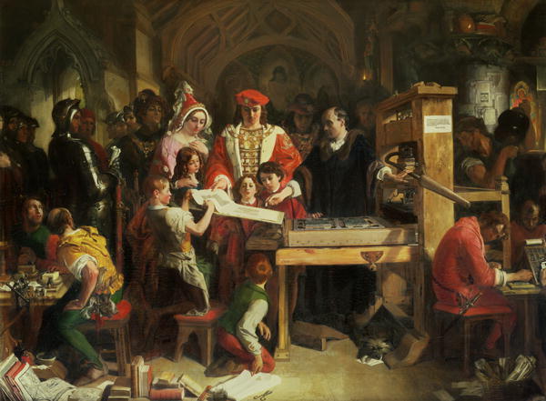 Painting of Caxton with King Edward IV by his printing press.