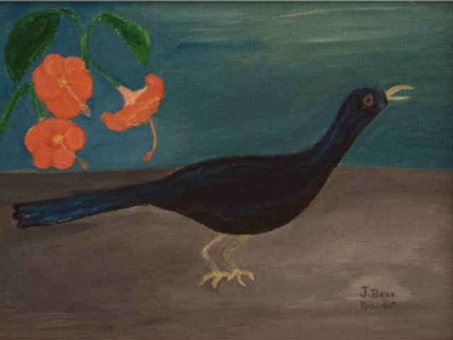 Oil painting of a black grackle (type of bird) with orange blossoms in the background.