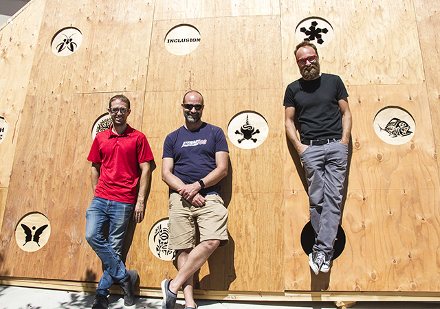 USD Professors (left to right): Gordon Hoople, Nate Parde and Austin Choi-Fitzpatrick are excited about About Time, a sundial that will be on display at Burning Man Aug. 25-Sept. 2.