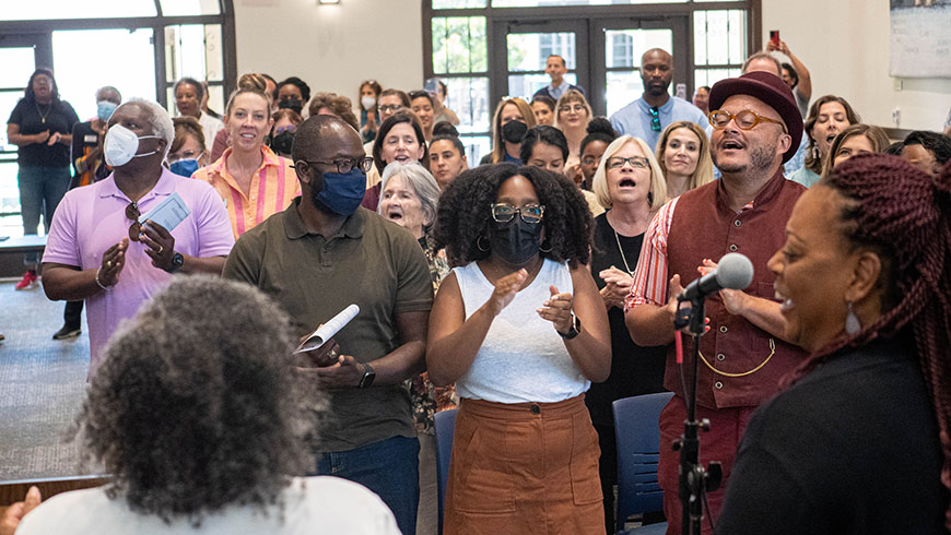 Participants sing during the University of San Diego's Inaugural Juneteenth Celebration on Thursday, June 9.