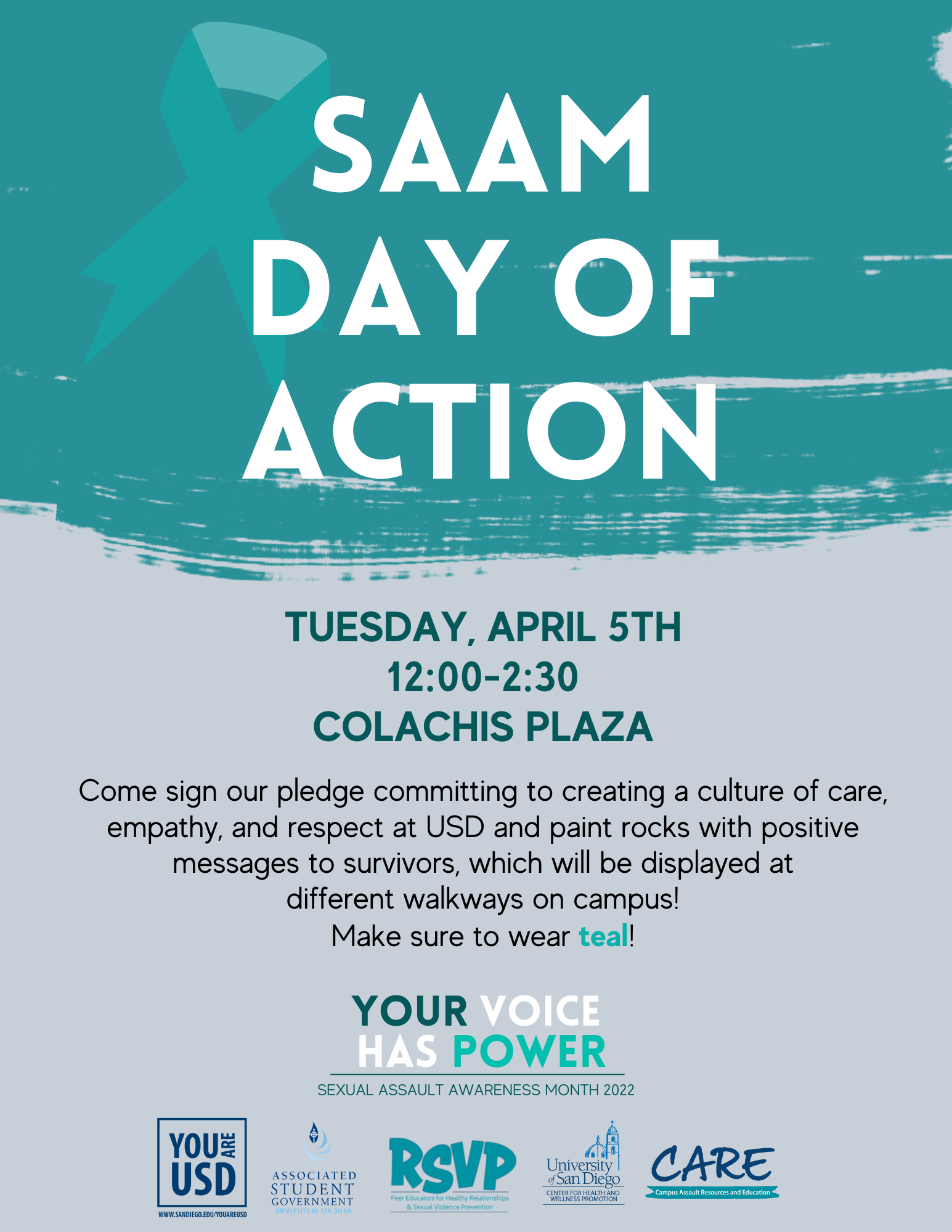 Flier with the following information: SAAM Day of Action, Tuesday, April 5th, 12:00-2:30, Colachis Plaza. Make sure to wear teal!