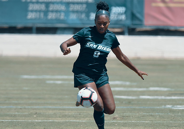 Milan Moses moves the ball forward. Moses is the top USD scorer returning from the 2018 season.