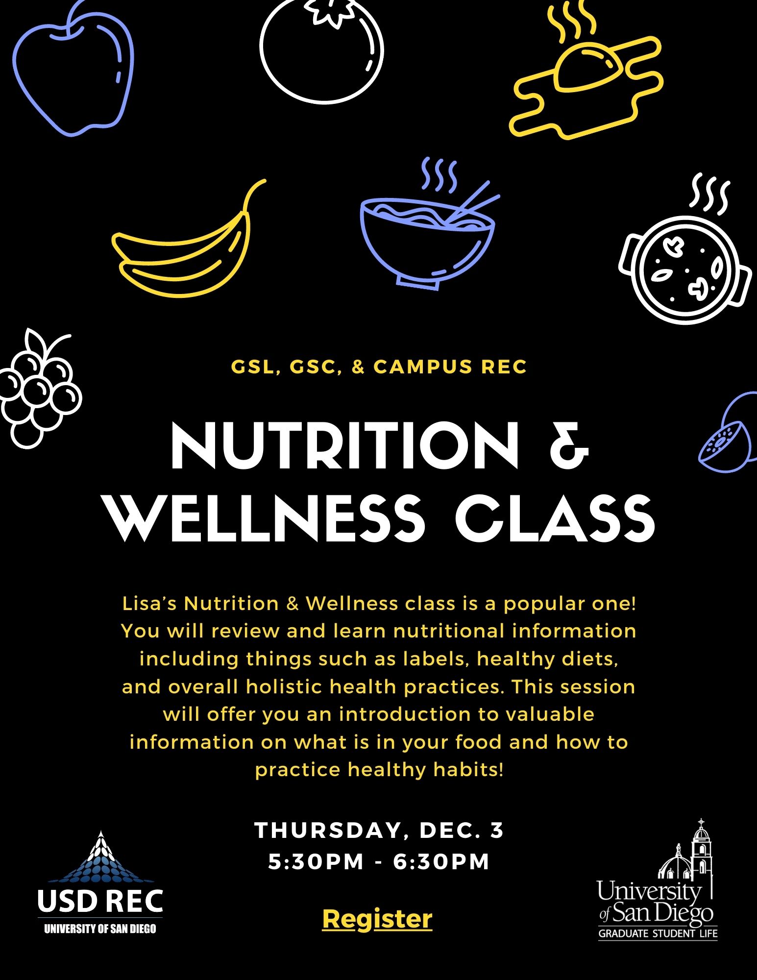Event flyer - black background with white, yellow, and purple food icons