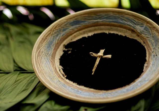 Ashes in a bowl for Ash Wednesday and palms