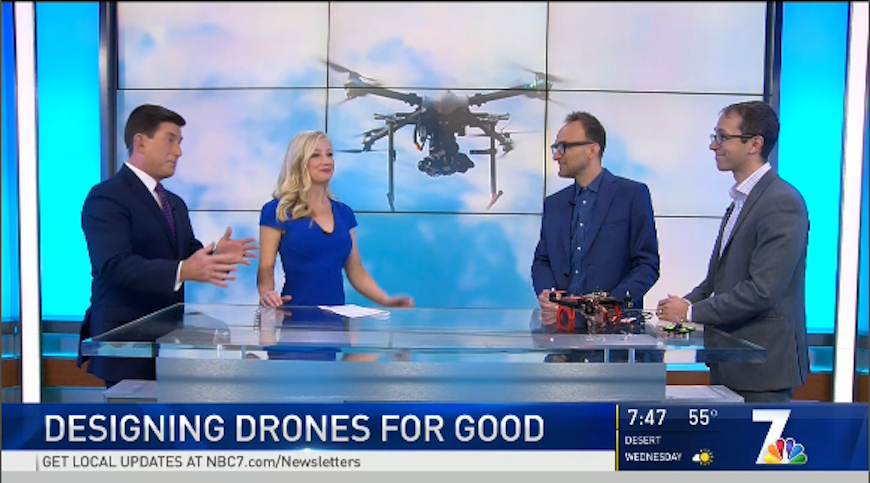 USD Professors Gordon Hoople and Austin Choi-Fitzpatrick discuss their drones for good course on NBC-TV 7.