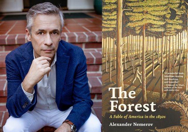 To the left is a headshot of Alexander Nemerov staring into the camera and sitting on brick steps with his hand on his chin. To the right is the cover of Nemerov's book, The Forest. On the cover is a drawing of a person walking through a green and tan forest in the setting sun. 