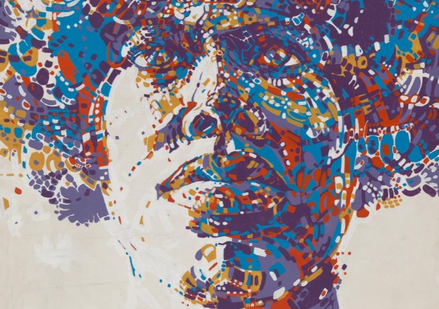 This is an abstract acrylic painting depicting a woman from the neck up. Done in a color palette of red, orange, blue, and purple, the woman's form is made up of clusters of rounded and abstract pools of color. Viewed slightly from below, she faces forward and gazes upward.