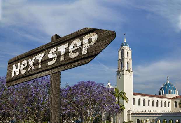 image of a wooden arrow that says, "next step" with the immaculata in the background