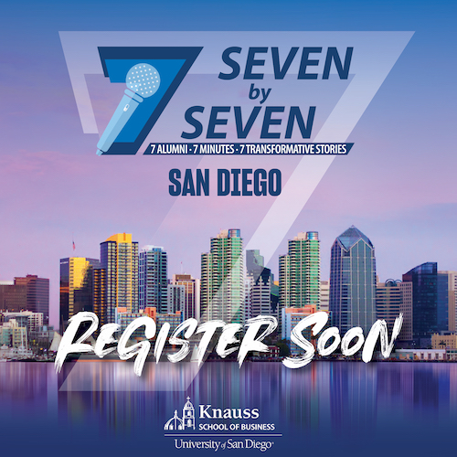 Flyer of San Diego skyline with text that reads Seven by Seven, Register Soon