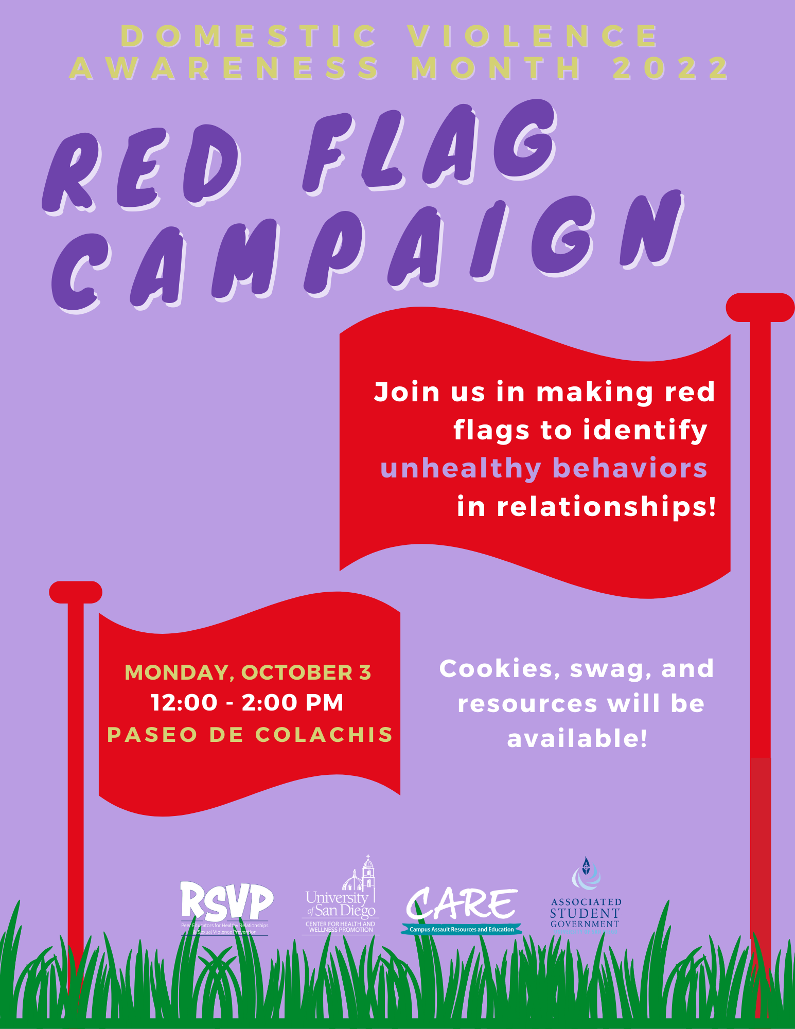 A purple flier with green grass on the bottom of the page, and red flags. Text says:  DOMESTIC VIOLENCE  AWARENESS MONTH 2022: RED FLAG CAMPAIGN. Join us in making red flags to identify  unhealthy beh