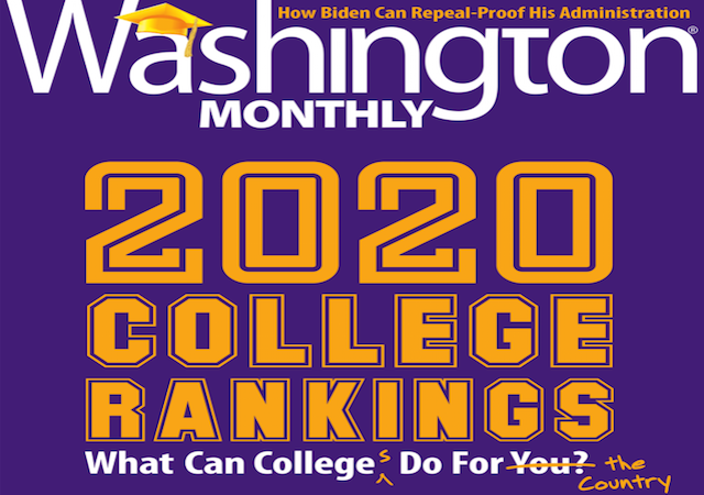 Purple Washington Monthly magazine cover with 2020 rankings info
