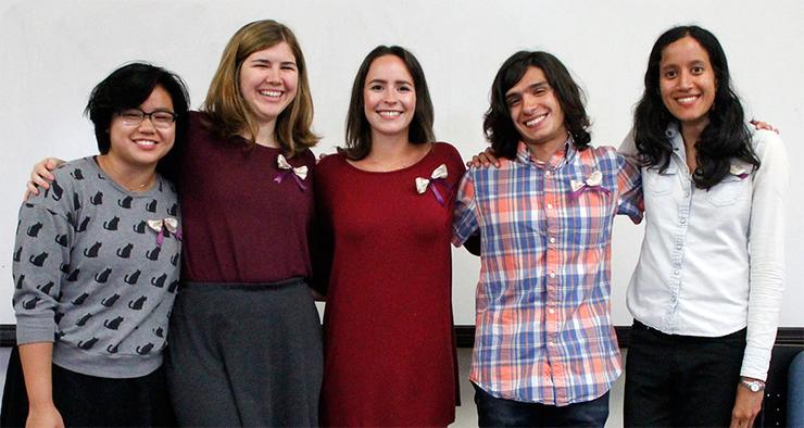 Mu Phi Epsilon 2017-2018 Board Members. From left to right: Elizabeth Tin-Maung, Alexandra Annen (President), Kiera McNeill, Jonathan Bidinger, and Pooja Adigopula.