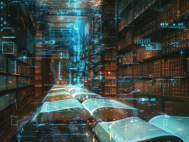 Picture of open books in the center with book shelves on the sides and electronic writing all around 