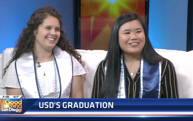 USD alumni Mary Powell '19 and Angelica Ignacio '19 smile while being interviewed on Good Morning San Diego