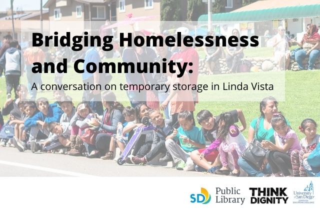 image of community members sitting together outside with text that reads 'bridging homelessness and community