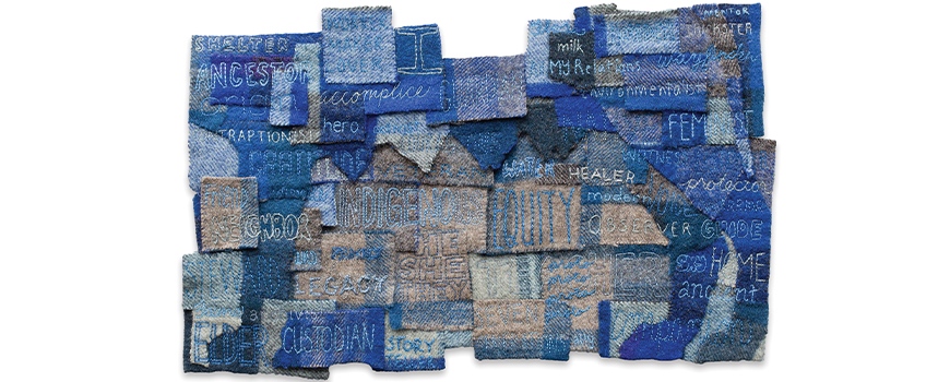 Marie Watt, ground used for Smith College print Companion Species (Words), reclaimed wool blankets, thread, embroidery floss, 11 x 171/4 in. Collection of Smith College, Northampton, Massachusetts.