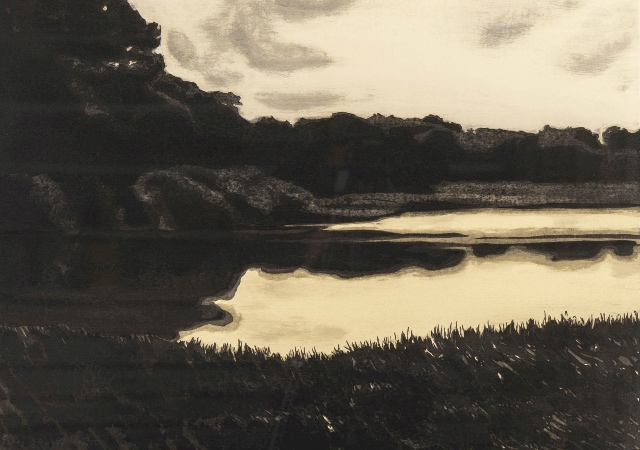 April Gornik, "Edge of the Pond," 2004, ukiyo-e style woodcut, 24 x 30 in.