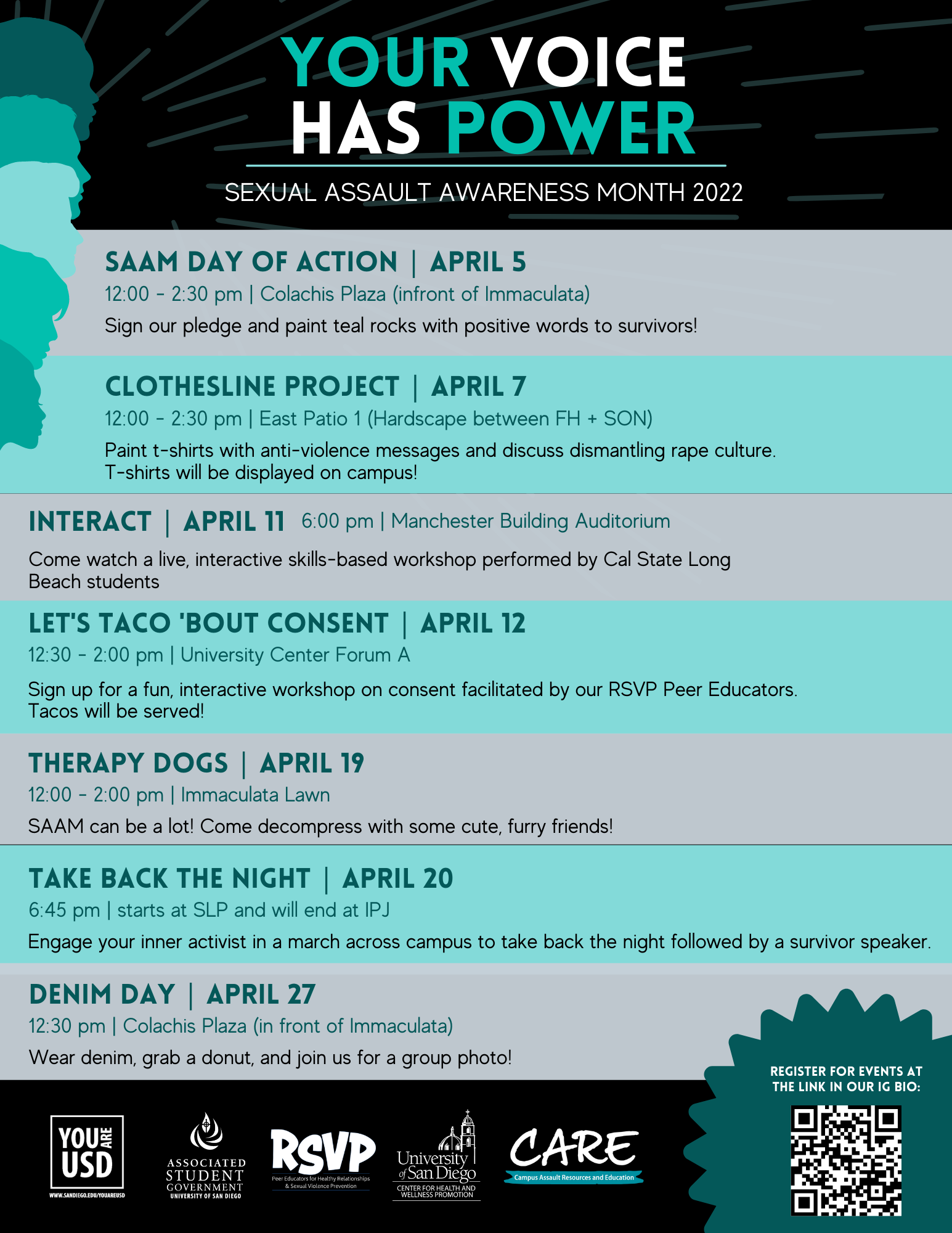 a flier in teal, black, and grey with different events for sexual assault awareness month (