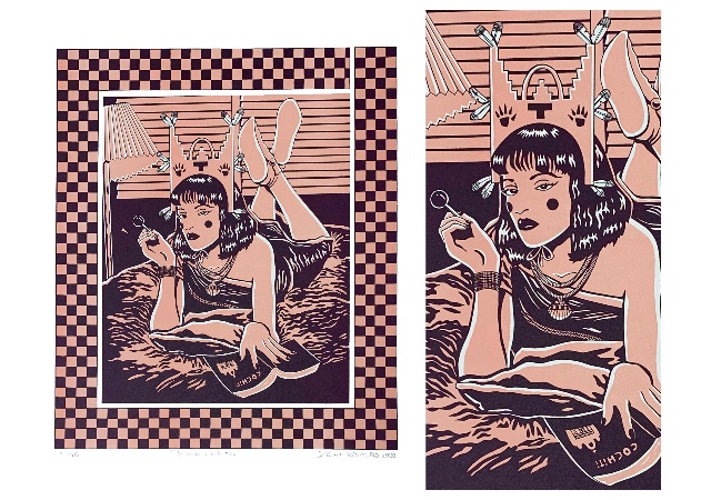 pink and eggplant screen print of a woman lying on a bed, sucking on a lollypop with her legs crossed at the ankles