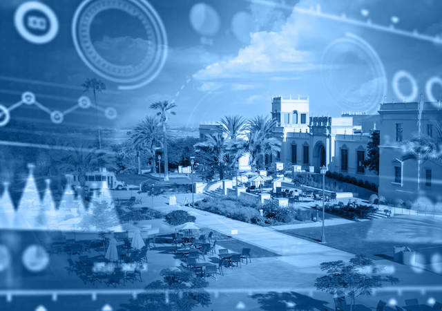 Graphic with campus image overplayed with symbols and numbers