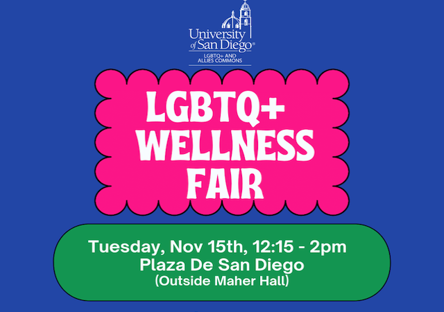 Blue background, pink box with LGBTQ+ Wellness Fair text