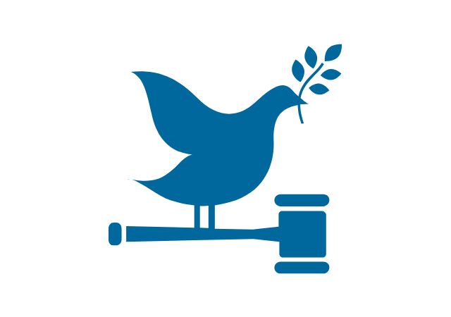 white background with blue peace dove flying over gavel