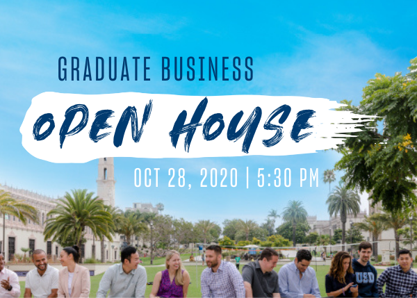 Graduate Business Open House flyer with people jumping
